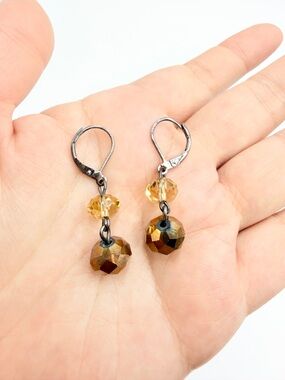 Vintage Faceted Amber & Bronze Bead Dangle Earrings with Gunmetal Hooks
